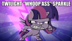 Size: 960x541 | Tagged: safe, edit, edited screencap, screencap, twilight sparkle, twilight sparkle (alicorn), alicorn, pony, my little pony: pony life, angry, bipedal, caption, female, image macro, mare, solo, sunburst background, text, twilight is not amused, unamused, vulgar