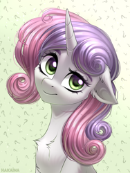 Size: 2250x2990 | Tagged: safe, artist:hakaina, sweetie belle, pony, unicorn, abstract background, bust, cute, diasweetes, female, floppy ears, high res, looking at you, portrait, solo