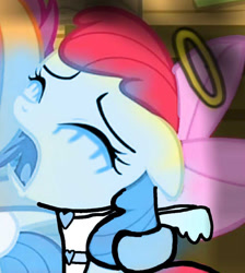 Size: 581x648 | Tagged: safe, edit, edited screencap, screencap, apple bloom, scootaloo, angel, the last crusade, 1000 hours in ms paint, angelic wings, belt, bow, cropped, crying, glow, hair bow, halo, heart, lightning, pink bow, solo focus, wings