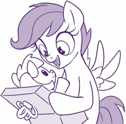 Size: 627x619 | Tagged: safe, artist:sorcerushorserus, scootaloo, pegasus, pony, art, female, filly, happy, monochrome, plushie, present, simple background, solo, white background