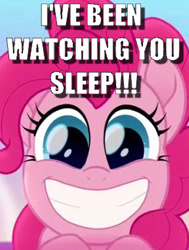 Size: 331x438 | Tagged: safe, derpibooru import, edit, edited screencap, screencap, pinkie pie, earth pony, pony, rainbow roadtrip, adoracreepy, caption, creepy, cropped, cute, female, image macro, looking at you, mare, meme, obsessed, solo, text