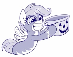 Size: 809x628 | Tagged: safe, artist:sorcerushorserus, scootaloo, pegasus, pony, art, clothes, cute, cutealoo, female, filly, flapping wings, grin, halloween, holiday, hoof hold, monochrome, pumpkin bucket, simple background, smiling, solo, uniform, white background, wings, wonderbolts uniform