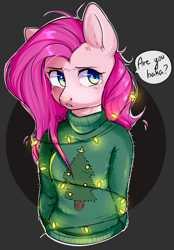 Size: 1741x2500 | Tagged: safe, artist:pledus, derpibooru import, pinkie pie, anthro, earth pony, abstract background, baka, bondage, christmas, christmas lights, clothes, cross-popping veins, dialogue, female, holiday, pinkamena diane pie, suspended, sweater, tsundemena pie, tsundere