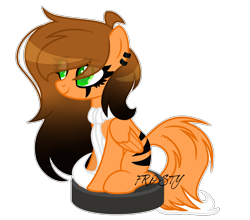 Size: 2300x2021 | Tagged: safe, artist:lazuli, oc, oc only, pegasus, pony, clothes, ear piercing, earring, eye clipping through hair, eyeshadow, jewelry, makeup, pegasus oc, piercing, riding, roomba, scarf, simple background, sitting, smiling, solo, text, transparent background, wings