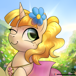 Size: 2000x2000 | Tagged: safe, artist:jedayskayvoker, oc, alicorn, pony, bust, female, flower, flower in hair, high res, mare, one eye closed, portrait, solo, wink