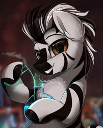 Size: 1280x1586 | Tagged: safe, artist:pridark, oc, oc only, oc:magna, hybrid, pony, zebra, bust, chest fluff, commission, cute, ear fluff, handsome, male, portrait, smiling, solo