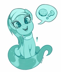 Size: 781x931 | Tagged: safe, artist:sorcerushorserus, lotus blossom, earth pony, pony, cucumber, female, food, looking at you, mare, monochrome, pictogram, question mark, simple background, sitting, smiling, solo, speech bubble, white background