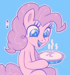 Size: 769x824 | Tagged: safe, artist:sorcerushorserus, derpibooru import, pinkie pie, earth pony, pony, blue background, color palette, female, food, happy, hoof hold, limited palette, mare, outline, pi day, pie, pun, simple background, solo