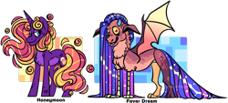 Size: 1280x578 | Tagged: safe, artist:spudsmcfrenzy, oc, oc:fever dream, oc:honeymoon, hybrid, pony, unicorn, female, interspecies offspring, mare, offspring, parent:discord, parent:princess cadance, parent:princess luna, parent:shining armor, parents:lunacord, parents:shiningcadance, simple background, transparent background