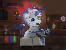 Size: 2776x2124 | Tagged: safe, artist:snow quill, oc, oc:erudire, unicorn, aldia, alicorn amulet, book, bookshelf, claws, crystal, dark souls 2, horn, laboratory, magic, mutant, mutated pony, quill, scholar, souls, spirits, test tube, unicorn oc, writing