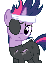 Size: 2093x2865 | Tagged: safe, artist:decompressor, twilight sparkle, unicorn twilight, pony, unicorn, it's about time, bandana, clothes, eyepatch, female, frown, future twilight, mare, messy mane, simple background, solo, torn clothes, transparent background, vector