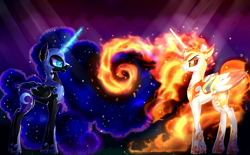 Size: 1600x992 | Tagged: safe, artist:daryaberry, daybreaker, nightmare moon, alicorn, pony, duo, ethereal mane, evil grin, female, fire, glowing horn, grin, helmet, hoof shoes, horn, looking at each other, magic, mane of fire, mare, smiling, swirls, wings