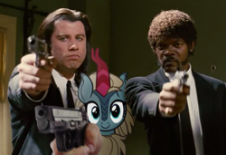 Size: 1119x767 | Tagged: safe, artist:ramprover, edit, sparkling brook, kirin, gun, looking at you, photoshop, pulp fiction, screenshots, weapon