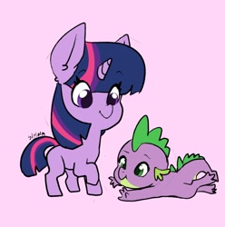 Size: 1721x1737 | Tagged: safe, artist:siripim111, spike, twilight sparkle, unicorn twilight, dragon, pony, unicorn, cute, duo, female, male, mare, missing cutie mark, pink background, prone, simple background, spikabetes, twiabetes