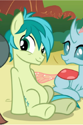 Size: 594x888 | Tagged: safe, screencap, ocellus, sandbar, changedling, changeling, pony, cropped, duo focus, offscreen character, sitting, smiling, tail