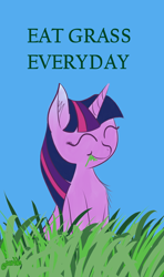 Size: 728x1228 | Tagged: safe, artist:purblehoers, twilight sparkle, unicorn twilight, pony, unicorn, chest fluff, cute, ear fluff, eating, eyes closed, female, grass, grazing, happy, herbivore, horses doing horse things, mare, outdoors, simple background, sitting, solo, twiabetes