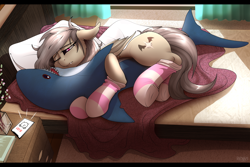 Size: 4500x3000 | Tagged: safe, artist:redvais, oc, oc only, bat pony, pony, shark, bat pony oc, bat wings, bed, bedroom, clothes, female, hug, morning, phone, shark plushie, sleepy, socks, solo, striped socks, wings