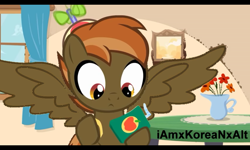 Size: 800x480 | Tagged: safe, artist:jan, button mash, pegasus, pony, button's adventures, button's juice box, colt, juice, juice box, male, race swap, spread wings, wings