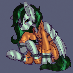 Size: 2000x2000 | Tagged: safe, artist:kotya, oc, oc:eden shallowleaf, pegasus, pony, bound wings, chains, clothes, cuffs, looking at you, prison bars, prison outfit, prisoner, shackles, simple background, sitting, smiling, smiling at you, solo, uniform, wings