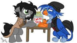 Size: 1920x1080 | Tagged: safe, artist:captshowtime, oc, oc only, oc:ben, oc:nightshade, earth pony, griffon, pony, beanie, burb, clothes, coat, commission, digital art, duo, frustrated, frustration, hat, holding breath, jacket, jar, nervous, nervous sweat, ponysona, scar, simple background, swear jar, sweat, table, transparent background