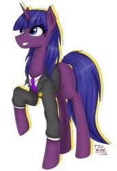 Size: 2052x3000 | Tagged: safe, artist:alicetriestodraw, oc, oc only, oc:miraculous antidote, unicorn, clothes, necktie, simple background, solo, suit, transparent background