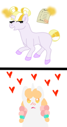 Size: 1000x1900 | Tagged: safe, artist:crownofslime, oc, pony, unicorn, babyverse, blushing, crush, female, filly, hair bun, heart, lesbian, magic, magic aura, next generation, offspring, parent:lightning dust, parent:peach fuzz, parent:sweetie belle, parent:twilight sparkle, parents:twidust, simple background, white background