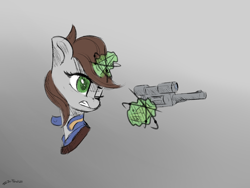 Size: 1200x900 | Tagged: safe, artist:shido-tara, oc, oc only, oc:littlepip, pony, unicorn, fallout equestria, aiming, angry, clothes, fanfic, fanfic art, female, glowing horn, gradient background, gritted teeth, gun, handgun, horn, levitation, little macintosh, magic, mare, one eye closed, optical sight, revolver, scope, sketch, solo, telekinesis, vault suit, weapon