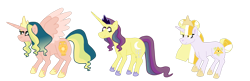 Size: 1280x416 | Tagged: safe, artist:crownofslime, oc, alicorn, pony, unicorn, alicorn oc, babyverse, crown, hair bun, horn, jewelry, magical lesbian spawn, next generation, offspring, parent:lightning dust, parent:princess celestia, parent:rainbow dash, parent:saffron masala, parent:somnambula, parent:twilight sparkle, parents:saffrondash, princess, regalia, royalty, simple background, transparent background, wings