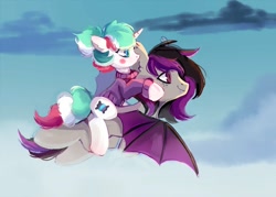 Size: 1400x1000 | Tagged: safe, artist:raily, oc, bat pony, pegasus, pony, unicorn, bat pony oc, bat wings, female, love, male, oc x oc, shipping, sky, straight, wings