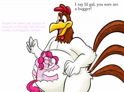 Size: 1280x951 | Tagged: safe, artist:cutecartsy, derpibooru import, pinkie pie, bird, chicken, earth pony, pony, rooster, crossover, female, foghorn leghorn, hug, looney tunes, male, mare, simple background, size difference, warner brothers, white background, wing hands, wings