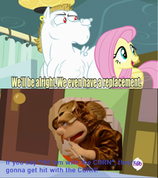 Size: 640x717 | Tagged: safe, derpibooru import, edit, edited screencap, screencap, bulk biceps, fluttershy, pegasus, pony, rainbow falls, blonde, blonde mane, blonde tail, blue eyes, curtain, ear piercing, exploitable meme, female, hit 'em with the corn!, jeffy, looking to side, looking to the right, male, mare, meme, monkey costume, open mouth, piercing, pink mane, pink tail, red eyes, replacement meme, smiling, spread wings, stallion, supermariologan, text, white coat, wings, yellow coat