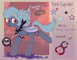 Size: 1400x1100 | Tagged: safe, artist:raily, oc, oc only, oc:dark cupcake, bat pony, pony, bat pony oc, bat wings, bracelet, collar, female, grass, guitar, handkerchief, jewelry, mare, musical instrument, reference sheet, skull, sky, stars, wings