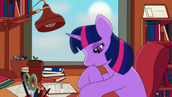 Size: 1920x1080 | Tagged: safe, artist:shooting star, twilight sparkle, unicorn twilight, pony, unicorn, book, bookshelf, cel shading, complex background, eyeshadow, female, lamp, lofi, makeup, mare, pencil, plant pot, scissors, shading, sitting, solo, studying