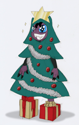 Size: 828x1304 | Tagged: safe, artist:ravenpuff, oc, oc:puffy, anthro, bat pony, bat pony oc, bat wings, christmas, christmas tree, clothes, costume, fangs, female, grin, holiday, present, smiling, solo, tree, tree costume, wings