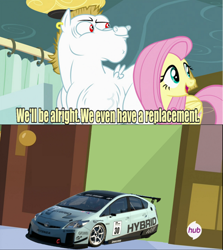 Size: 1000x1120 | Tagged: safe, derpibooru import, edit, edited screencap, screencap, bulk biceps, fluttershy, pegasus, pony, rainbow falls, blonde, blonde mane, blonde tail, blue eyes, caption, car, curtain, ear piercing, exploitable meme, female, gran turismo, image macro, looking to side, looking to the right, male, mare, meme, open mouth, piercing, pink mane, pink tail, racecar, red eyes, replacement meme, smiling, spread wings, stallion, text, toyota, toyota prius, white coat, wings, yellow coat