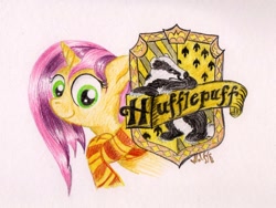 Size: 1277x961 | Tagged: safe, artist:wolfinka84, oc, pony, unicorn, atg 2020, clothes, harry potter, hufflepuff, newbie artist training grounds, not fluttershy, scarf, solo, traditional art