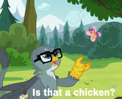 Size: 1325x1080 | Tagged: safe, gabby, scootaloo, bird, butterfly, chicken, griffon, pegasus, pony, glasses, hooves up, is this a pigeon, mail, meme, ponified, ponified meme, scootachicken, scootaloo can fly, solo
