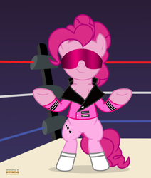 Size: 1900x2244 | Tagged: safe, artist:kuren247, derpibooru import, pinkie pie, earth pony, pony, bipedal, bret hart, clothes, crossover, jacket, smiling, smirk, solo, sports, wrestling, wrestling ring, wwe