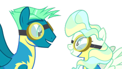 Size: 1920x1080 | Tagged: safe, sky stinger, vapor trail, pegasus, pony, top bolt, clothes, female, glasses, male, shipping, simple background, smiling, straight, transparent background, uniform, vaporsky, vector, wonderbolts uniform