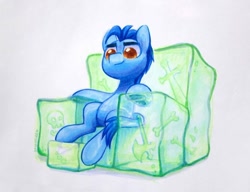 Size: 1020x784 | Tagged: safe, artist:dawnfire, oc, oc only, earth pony, pony, bone, gelatinous cube, slime, sofa, solo, traditional art