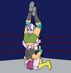 Size: 1948x1984 | Tagged: safe, artist:avispaneitor, diamond tiara, scootaloo, equestria girls, boots, boxing ring, clothes, female, femdom, femsub, piledriver, shoes, shorts, sports, submissive, wrestling