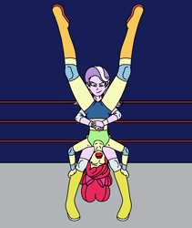 Size: 1792x2120 | Tagged: safe, artist:avispaneitor, apple bloom, diamond tiara, equestria girls, boots, boxing ring, clothes, female, femdom, femsub, piledriver, shoes, shorts, smiling, sports, submissive, wrestling