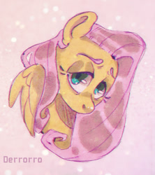 Size: 523x588 | Tagged: safe, artist:derrorro, derpibooru import, fluttershy, pegasus, pony, abstract background, bust, cute, female, lidded eyes, looking at you, mare, portrait, shyabetes, solo, three quarter view, wings