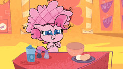 Size: 1920x1080 | Tagged: safe, derpibooru import, screencap, pinkie pie, earth pony, pony, my little pony: pony life, princess probz, spoiler:pony life s01e01, bowl, egg, food, hairnet, mixing bowl, pepper, salt