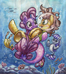 Size: 1400x1559 | Tagged: safe, artist:kannatc, derpibooru import, boneless, cheese sandwich, maud pie, pinkie pie, earth pony, fish, pony, seapony (g4), bridal carry, bubble, carrying, cheesepie, cute, diapinkes, female, femdom, holding, holding a pony, male, malesub, mare, rubber chicken, seaponified, seapony pinkie pie, shipping, species swap, stallion, straight, traditional art, underwater
