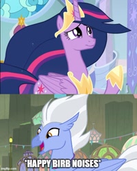 Size: 500x625 | Tagged: safe, edit, edited screencap, screencap, princess twilight 2.0, sky beak, twilight sparkle, twilight sparkle (alicorn), alicorn, classical hippogriff, hippogriff, surf and/or turf, the last problem, birb, caption, comic, ethereal mane, female, happy, horseshoes, image macro, jewelry, male, meme, necklace, open mouth, raised hoof, screencap comic, shipping, starry mane, straight, text, tiara, twibeak