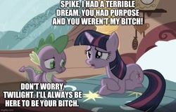 Size: 779x499 | Tagged: safe, edit, edited screencap, screencap, spike, twilight sparkle, unicorn twilight, dragon, unicorn, magical mystery cure, abuse, bed, caption, comforting, crying, female, frown, golden oaks library, image macro, male, mare, op is a cuck, spikeabuse, teary eyes, text, vulgar