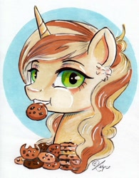 Size: 852x1090 | Tagged: safe, artist:lailyren, sweet biscuit, pony, unicorn, bust, cookie, cute, female, food, looking at you, mare, mouth hold