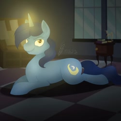 Size: 1080x1080 | Tagged: safe, artist:princessesmeraldaofficial, night light, pony, unicorn, glowing horn, horn, indoors, male, prone, signature, smiling, solo, stallion, table, window