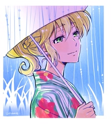 Size: 1053x1166 | Tagged: safe, artist:5mmumm5, applejack, equestria girls, bust, portrait, solo, umbrella, yukata